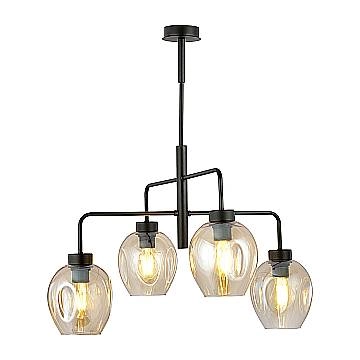 Lampadario Moderno 4 Luci Auriga In Accaio Nero E Vetro Ambra