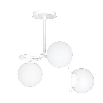 Lampadario 3 Luci Rama In Acciaio Bianco A Bracci E Sfere In Vetro Opalino