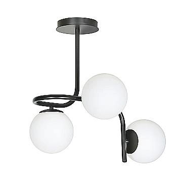 Lampadario 3 Luci Rama In Acciaio Nero A Bracci E Sfere In Vetro Opalino