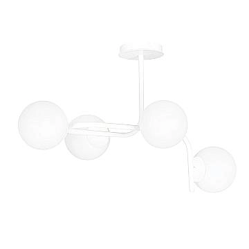 Lampadario 4 Luci Rama In Acciaio Bianco A Bracci Curvi E Sfere In Vetro Opalino