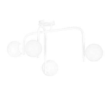 Lampadario 4 Luci Rama In Acciaio Bianco A Bracci E Sfere In Vetro Opalino