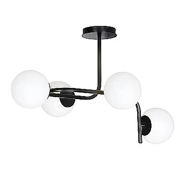 Lampadario 4 Luci Rama In Acciaio Nero A Bracci Curvi E Sfere In Vetro Opalino