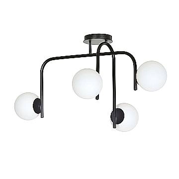 Lampadario 4 Luci Rama In Acciaio Nero A Bracci E Sfere In Vetro Opalino