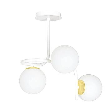 Lampadario 3 Luci Kalf In Acciaio Bianco A Bracci E Sfere In Vetro Opalino E Oro