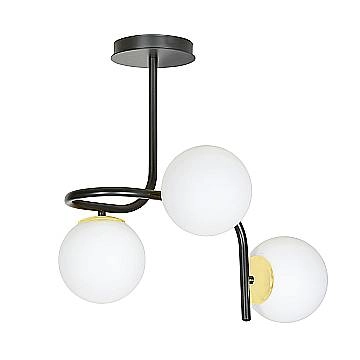 Lampadario 3 Luci Kalf In Acciaio Nero A Bracci E Sfere In Vetro Opalino E Oro