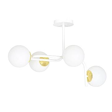 Lampadario 4 Luci Kalf Acciaio Bianco A Bracci Curvi E Sfere Vetro Opalino E Oro