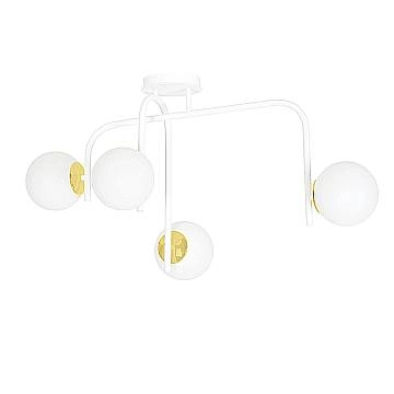 Lampadario 4 Luci Kalf In Acciaio Bianco A Bracci E Sfere In Vetro Opalino E Oro