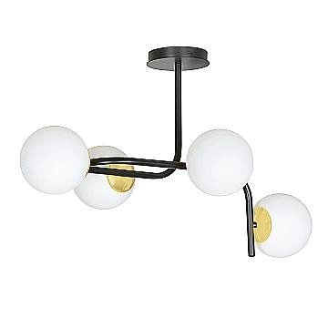 Lampadario 4 Luci Kalf Acciaio Nero A Bracci Curvi E Sfere Vetro Opalino E Oro