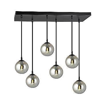 Sospensione Moderna 6 Luci Kali In Acciaio Nero E Sfere In Vetro Fumè