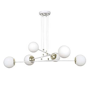 Lampadario Moderno 6 Luci Tsukuyomi In Acciaio Bianco E Oro E Vetro A Sfera Opale
