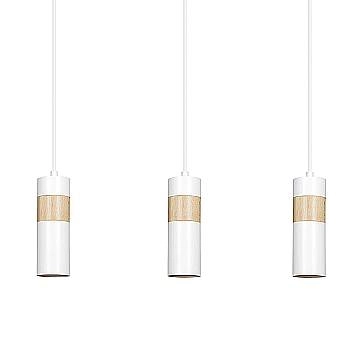 Lampadario 3 Luci Change In Acciaio Bianco A Cilindro Con Legno Naturale