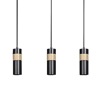 Lampadario 3 Luci Change In Acciaio Nero A Cilindro Con Legno Naturale