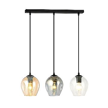 Lampadario 3 Luci Fuxi In Acciaio Nero E Vetri Ambra, Trasparente E Fumè