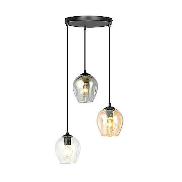 Lampadario 3 Luci Fuxi Base Tonda Acciaio Nero E Vetri Ambra Trasparente E Fumè