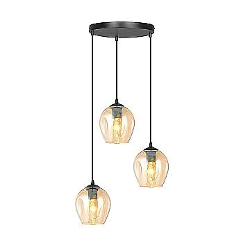 Lampadario 3 Luci Fuxi Base Tonda In Acciaio Nero E Vetri Ambra