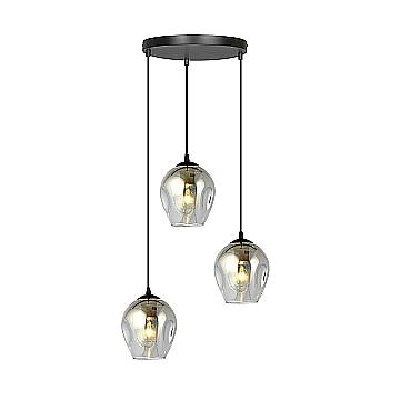 Lampadario 3 Luci Fuxi Base Tonda In Acciaio Nero E Vetri Fumè
