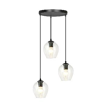 Lampadario 3 Luci Fuxi Base Tonda In Acciaio Nero E Vetri Trasparente