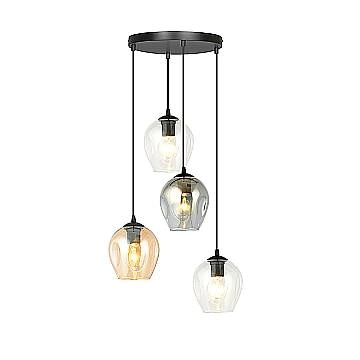 Lampadario 4 Luci Fuxi Base Tonda Acciaio Nero E Vetri Ambra Trasparente E Fumè