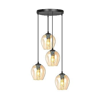 Lampadario 4 Luci Fuxi Base Tonda In Acciaio Nero E Vetri Ambra