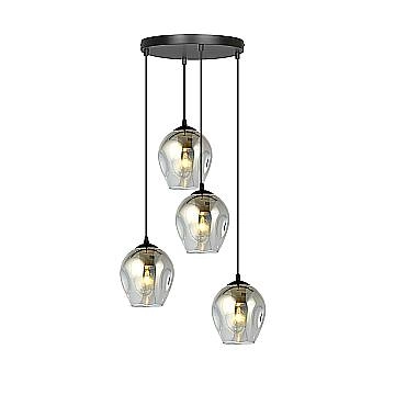 Lampadario 4 Luci Fuxi Base Tonda In Acciaio Nero E Vetri Fumè
