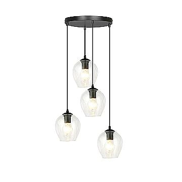 Lampadario 4 Luci Fuxi Base Tonda In Acciaio Nero E Vetri Trasparente