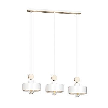 Lampadario 3 Luci Zhurong In Acciaio Bianco E Paralumi Con Legno Naturale