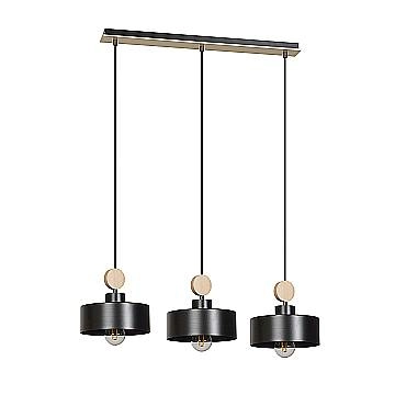 Lampadario 3 Luci Zhurong In Acciaio Nero E Paralumi Con Legno Naturale