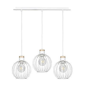 Lampadario 3 Luci Morgana Paralumi A Gabbia In Acciaio Bianco E Legno Naturale