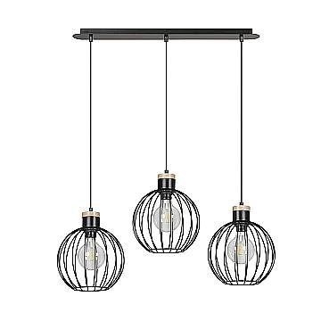 Lampadario 3 Luci Morgana Paralumi A Gabbia In Acciaio Nero E Legno Naturale