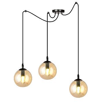 Lampadario 3 Luci Ginevra In Acciaio Nero Con Cavo Lungo E Vetri Ambra