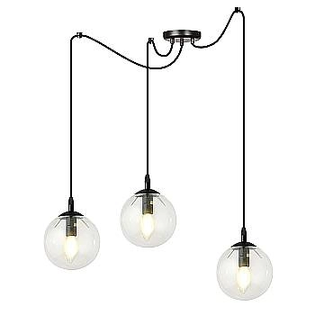 Lampadario 3 Luci Ginevra In Acciaio Nero Con Cavo Lungo E Vetri Trasparente