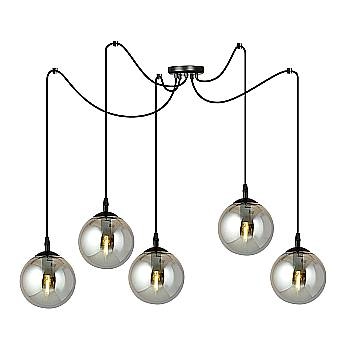 Lampadario 5 Luci Ginevra In Acciaio Nero Con Cavo Lungo E Vetri Fumè