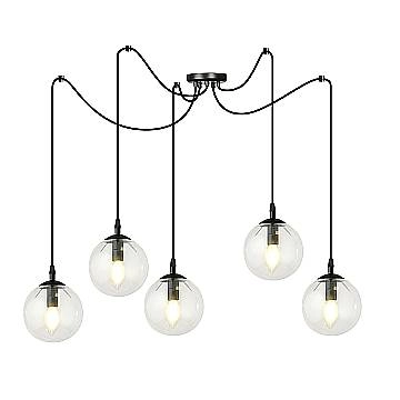 Lampadario 5 Luci Ginevra In Acciaio Nero Con Cavo Lungo E Vetri Trasparente
