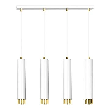 Lampadario 4 Luci Brunilde In Acciaio Bianco E Tubolari In Bianco E Oro