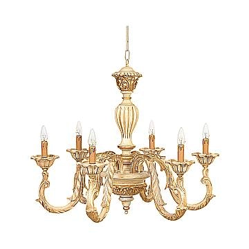 Lampadario In Legno Classico Crema Decapè Oro 6 Luci Avocetta