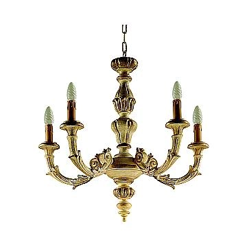 Lampadario In Legno Classico Giallo Crema Sbiancato 5 Luci Rondone