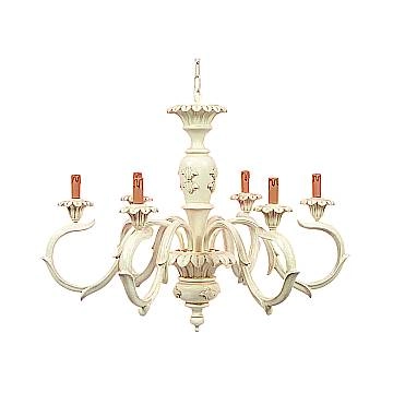 Lampadario In Legno Classico Avorio Patinato 6 Luci Picchio