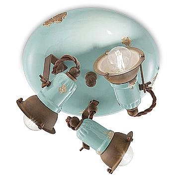 Plafoniera Vintage Loft Ferro E Ceramica Azzurro 3 Luci E14
