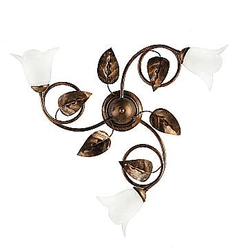 Plafoniera Classica 3 Luci Con Foglie Ferro Battuto E Vetro Bronzo Serie Limone