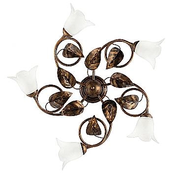 Plafoniera Classica 5 Luci Con Foglie Ferro Battuto E Vetro Bronzo Serie Limone