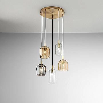 Lampadario Contemporaneo Coro Metallo Ottone Brunito Vetro Multicolor 5 Luci E14