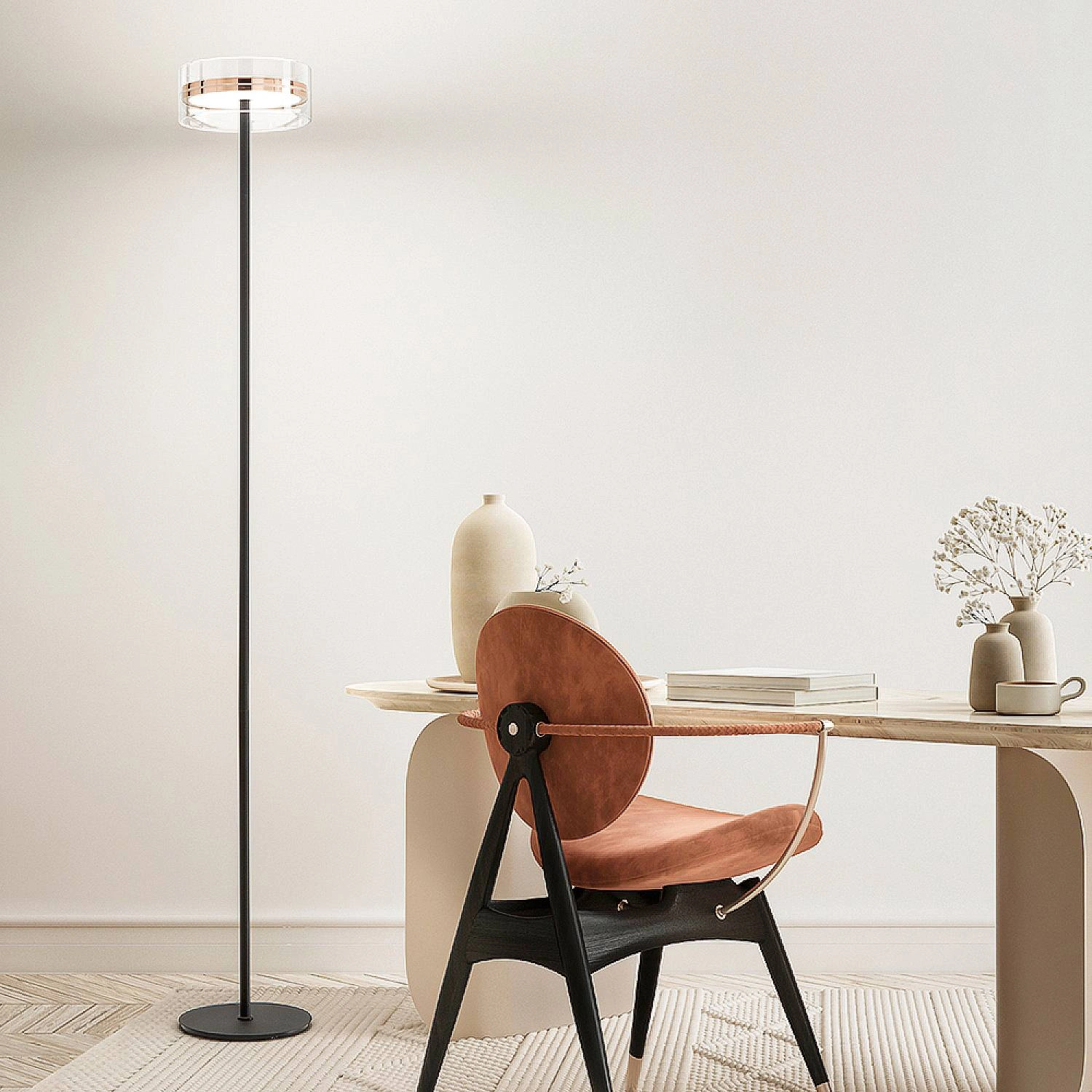 Piantana Contemporanea Aere Metallo Oro Rosa Vetro Nero Led 20W 3000K 8220ORLC