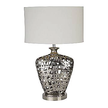 Lampada Da Scrivania Contemporanea Rete Metallo Cromo Tessuto Bianco 1 Luce E27 EU4852CC