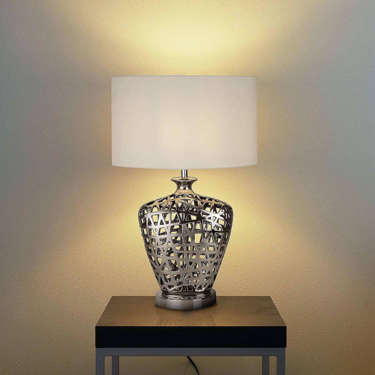 Lampada Da Scrivania Contemporanea Rete Metallo Cromo Tessuto Bianco 1 Luce E27 EU4852CC
