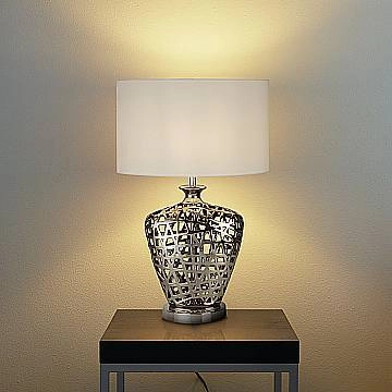 Lampada Da Scrivania Contemporanea Rete Metallo Cromo Tessuto Bianco 1 Luce E27 EU4852CC