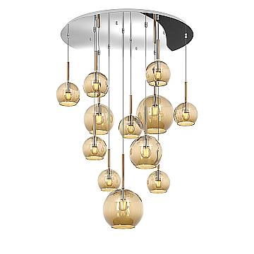 Lampadario Contemporaneo Future Metallo Cromo Vetro Mix Ambra 12 Luci E27