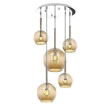 Lampadario Contemporaneo Future Metallo Cromo Vetro Mix Ambra 5 Luci E27