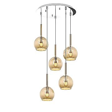 Lampadario Contemporaneo Future Metallo Cromo Vetro Ambra 5 Luci E27
