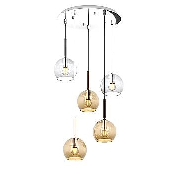 Lampadario Contemporaneo Future Metallo Cromo Vetro Trasp-Ambra 5 Luci E27