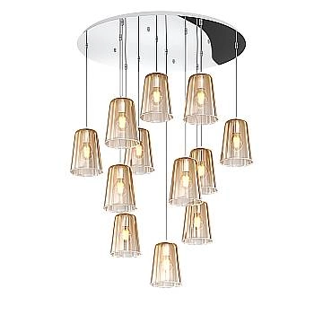 Sospensione Contemp. Rosone Tondo Shaded Metallo Cromo Vetro Ambra 12 Luci E27